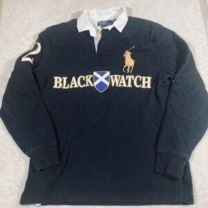 Polo Ralph Lauren Shirt Mens Medium Custom Fit Black Blackwatch Team Rugby Pony
